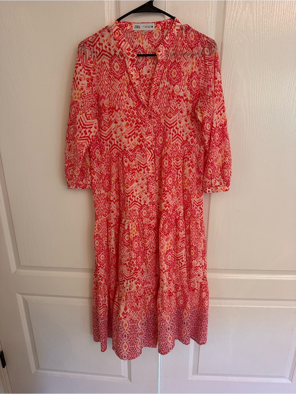 Zara Coral & White Printed Tiered Maxi Dress